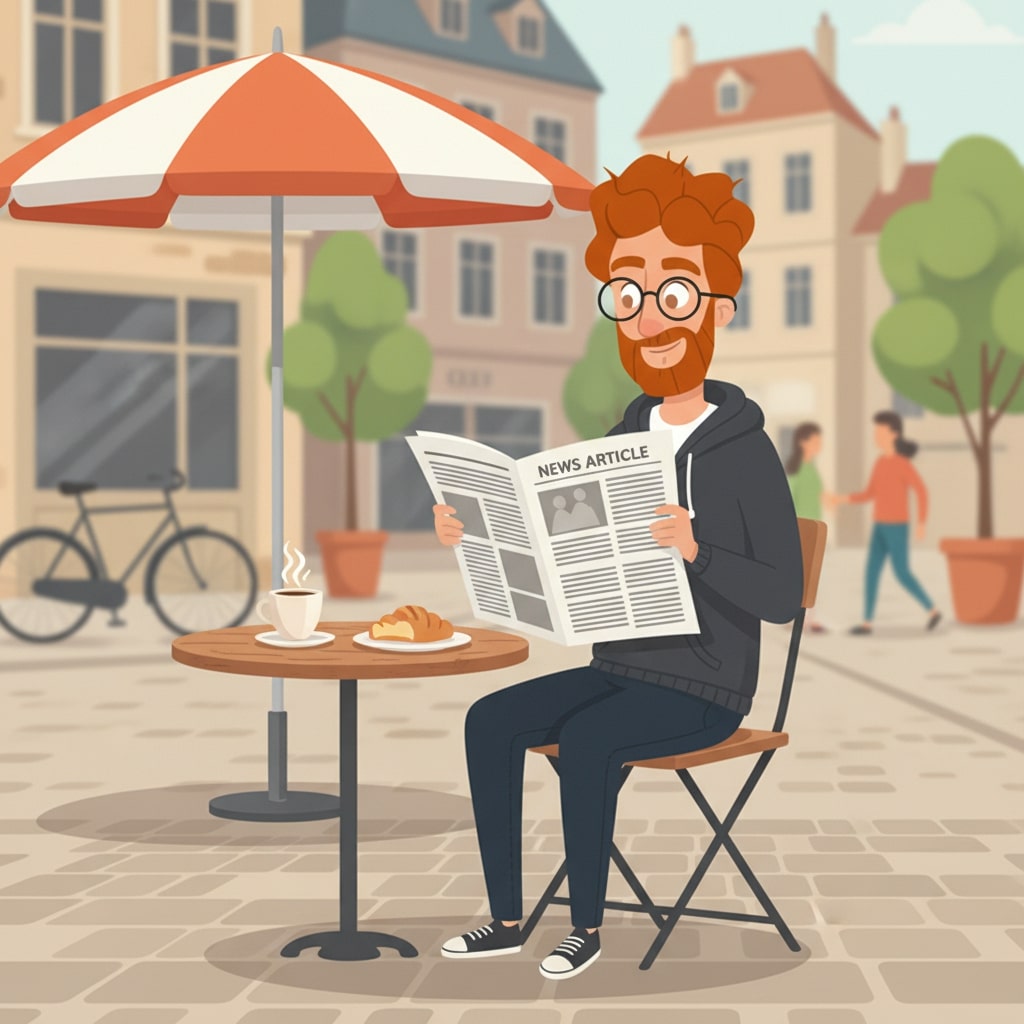 Homme assis en terrasse de café lisant son journal