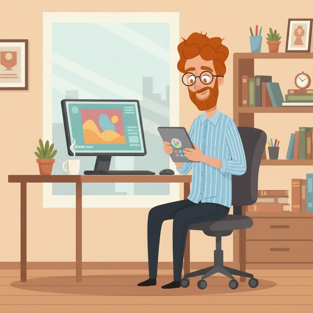 Homme assis à son bureau devant sa tablette