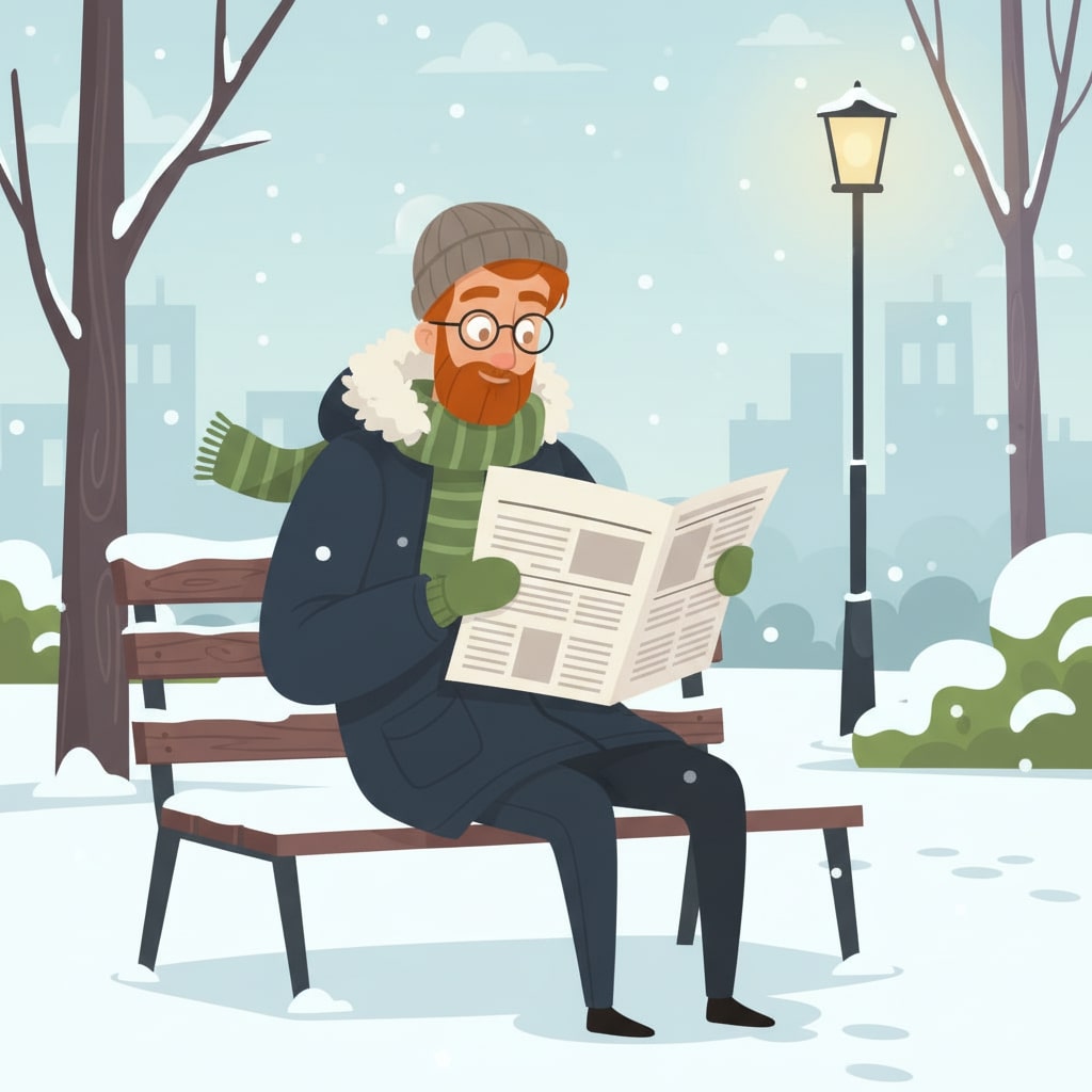 Homme assis sur un banc sous la neige lisant un journal