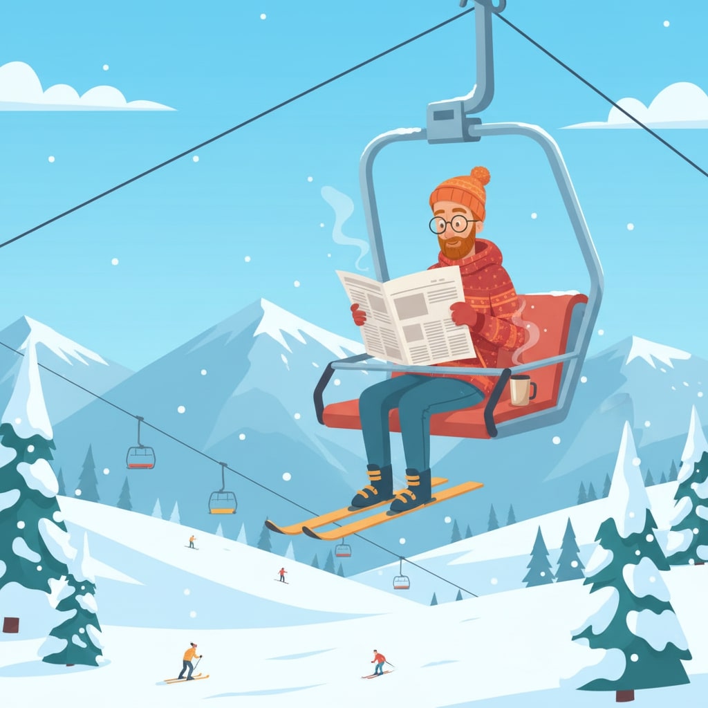 Homme assis sur télésiège lit journal