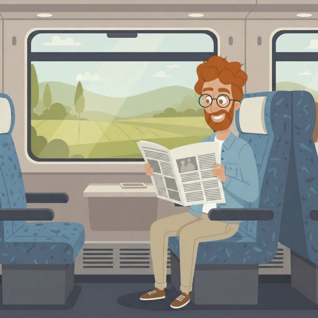 Homme assis dans le train lit son journal