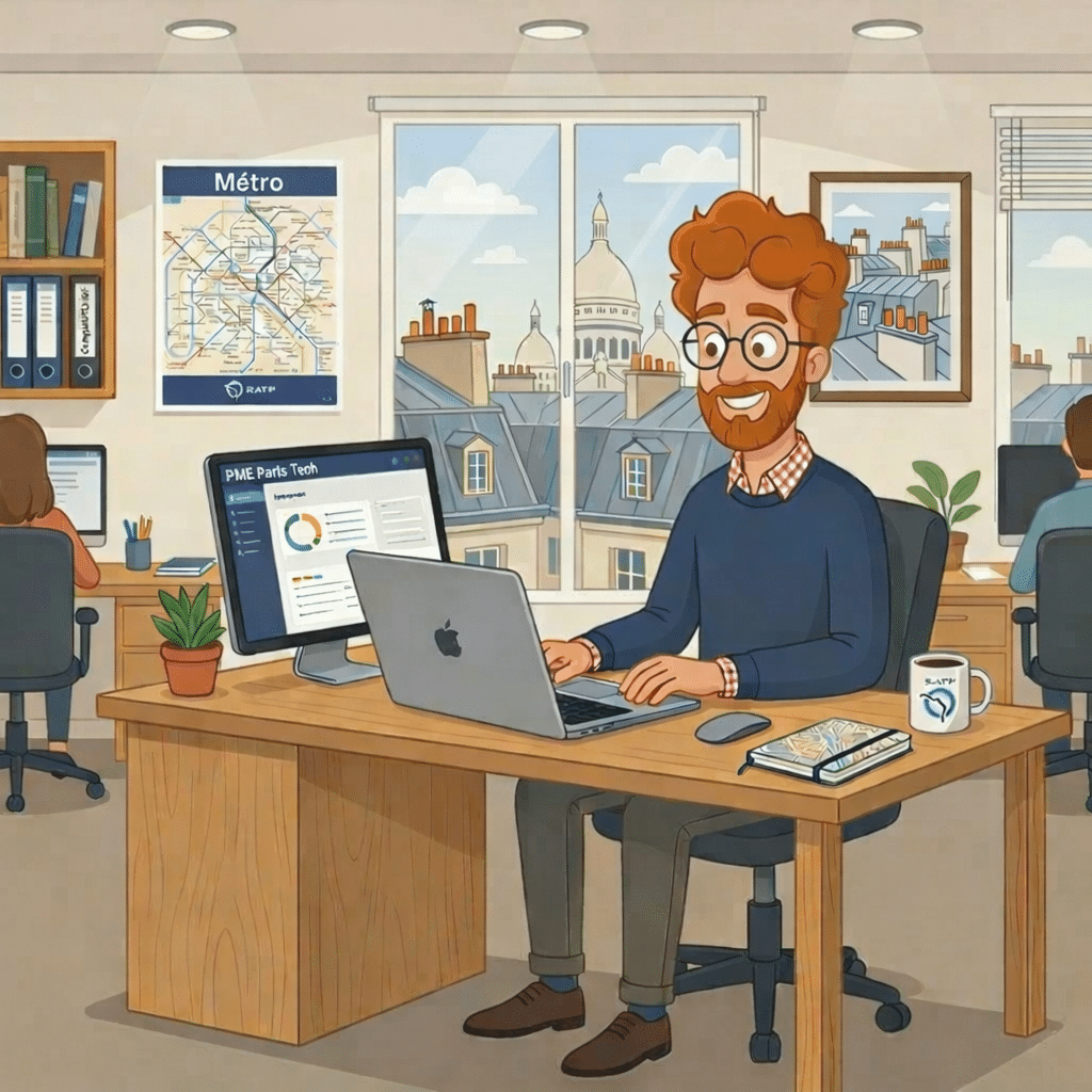 Dirigeant de PME en Île-de-France consultant le dispositif de subvention PM’Up