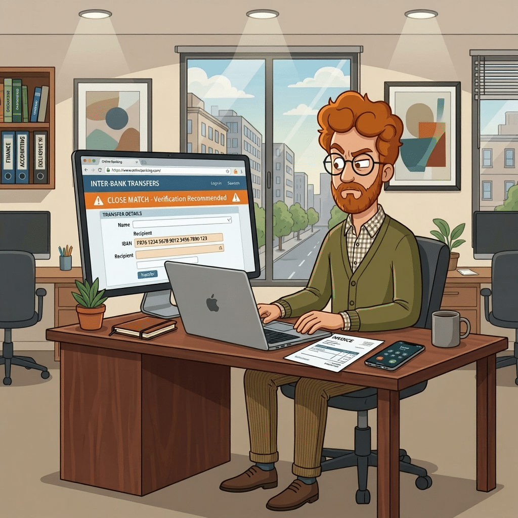Homme à son bureau vérifiant un virement bancaire, avec une alerte VOP “Close Match” à l’écran.